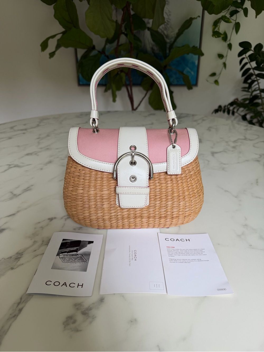 Coach Vintage Y2K Soho Straw Top Handle Basket Satchel Bag 6272 Pink White - Picture 2 of 16